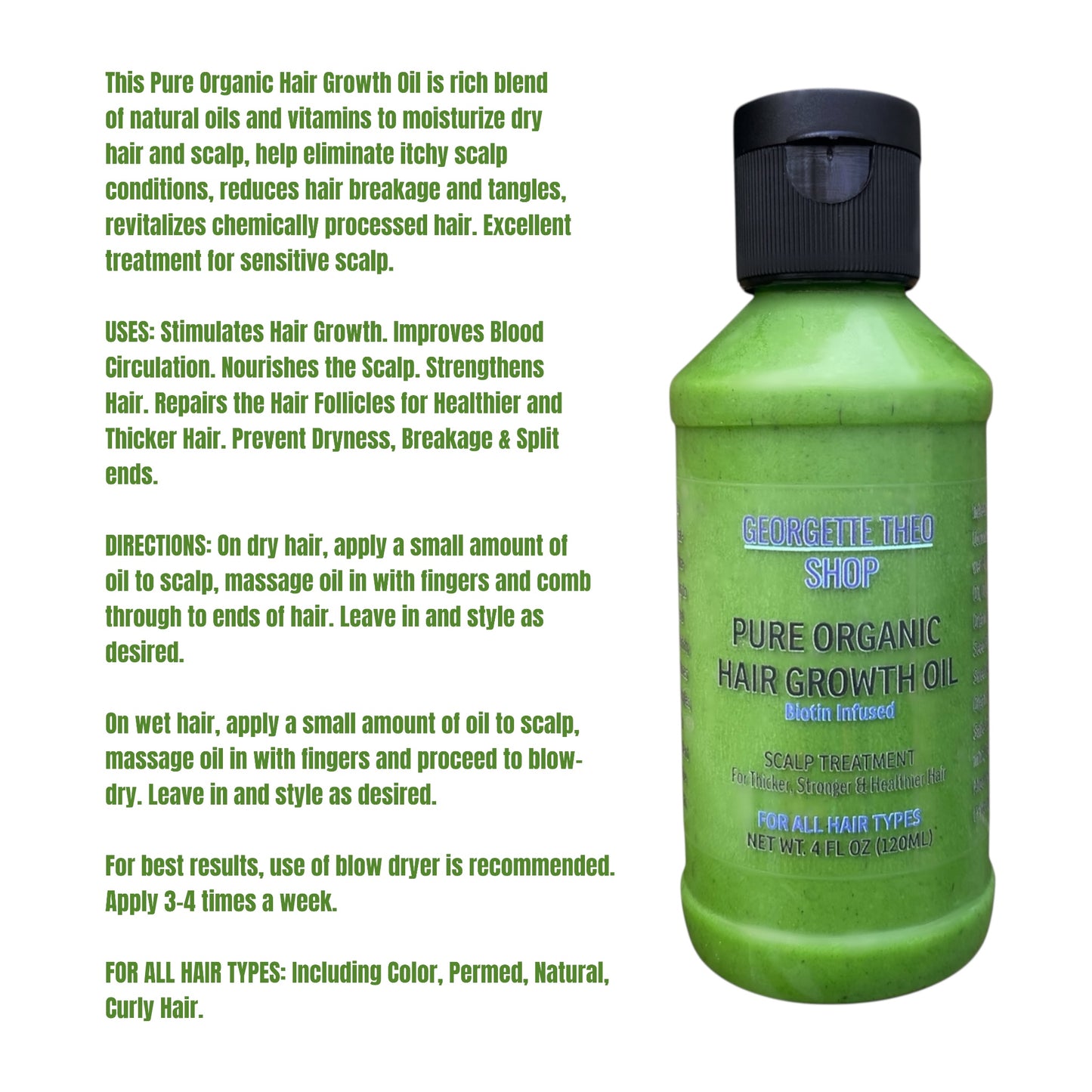 4 oz PURE ORGANIC GROWTH OIL - Scalp Treatment for Dry Damaged Hair. For All Hair Types.